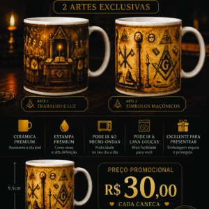 Caneca Maçônica Premium – Trabalho e Luz & Símbolos Maçônicos