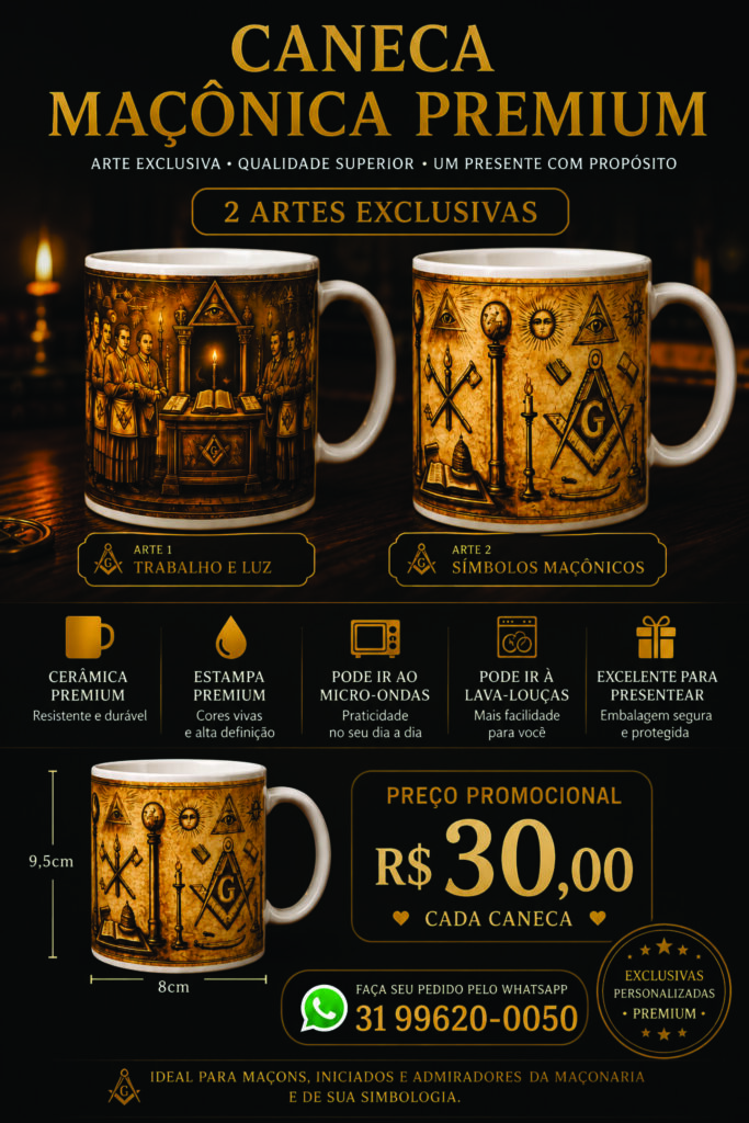 Caneca Maçônica Premium – Trabalho e Luz & Símbolos Maçônicos