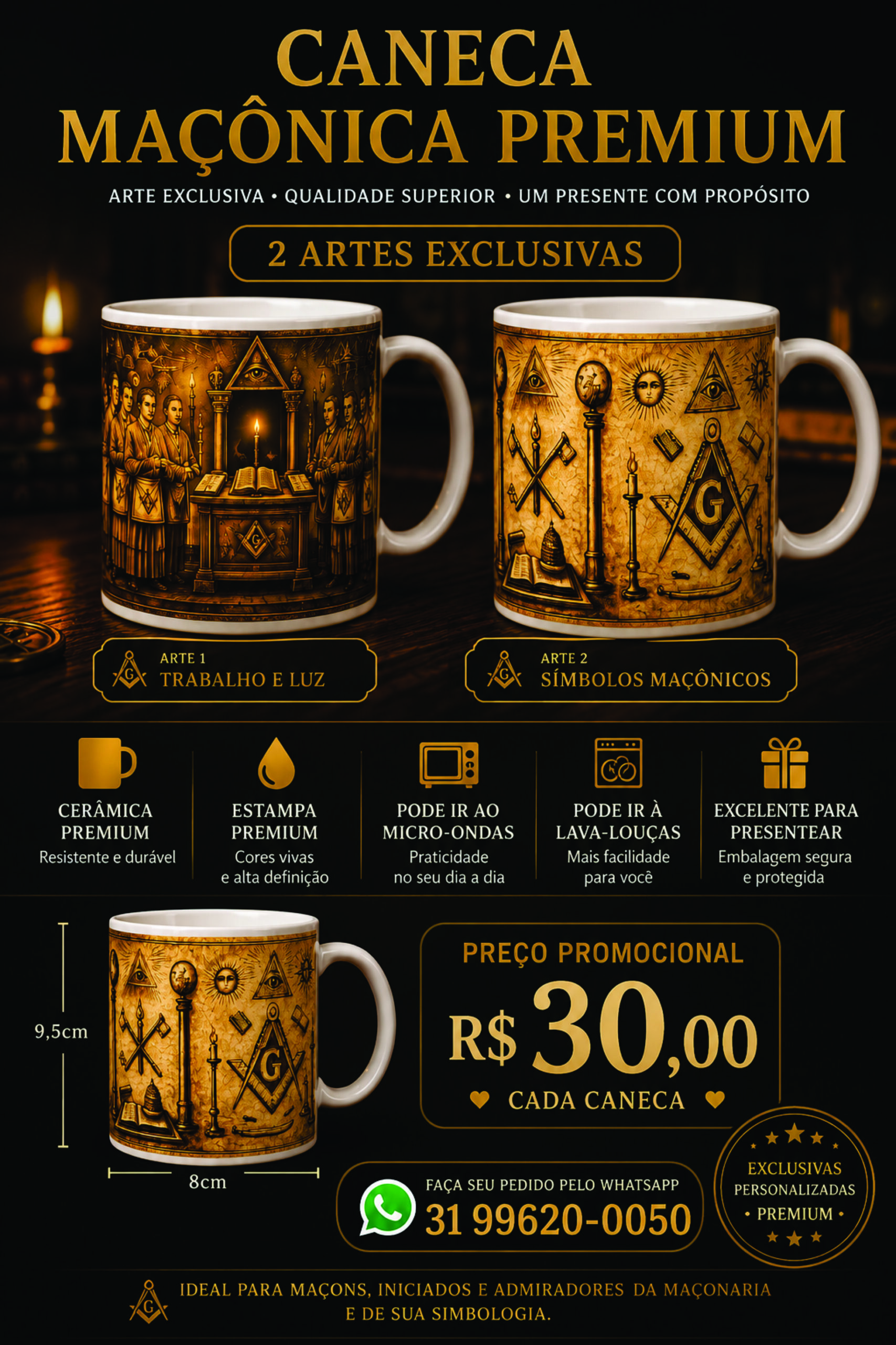 Caneca Maçônica Premium – Trabalho e Luz & Símbolos Maçônicos